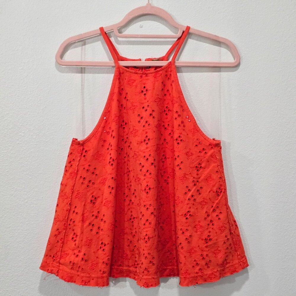 Free People ✦ Orange Eyelet Lace-Up Halter Crop Tank ✦ Cotton Summer Top XS - Picture 2 of 10